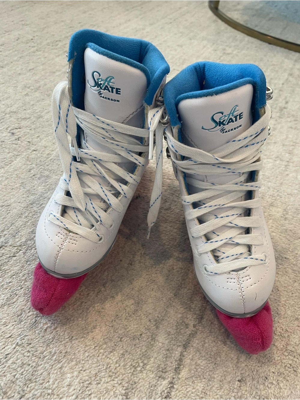 JACKSON White and Blue Kids Ice Skates with Pink Blade Covers